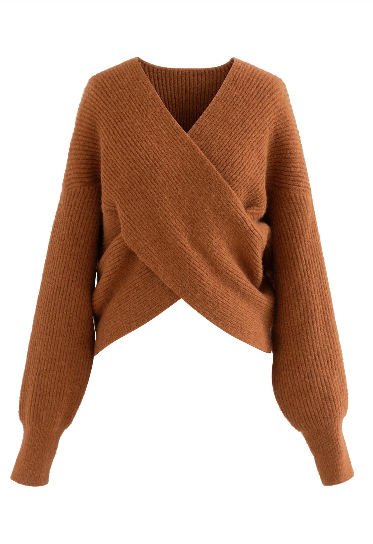Crisscross Ribbed Knit Crop Sweater in Caramel