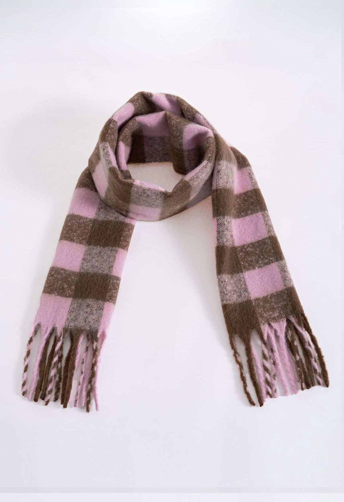Fuzzy Check Pattern Tassel Scarf in Pink